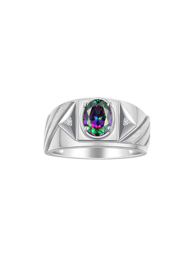 Rylos Men's 14K White Gold Designer Rings - Classic Style with 8x6MM Oval Gemstone & Diamond Accents - Birthstone Rings in Sizes 8-13