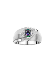 Rylos Men's Rings 14K White Gold Ring: 6X4MM Oval Shape Gemstone & Sparkling Diamonds - Color Stone Birthstone Rings for Men in Gold, Available in Sizes 8-13