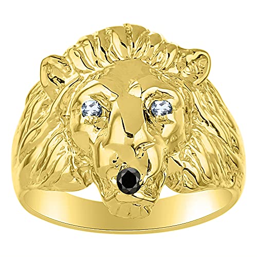 RYLOS Lion Head Ring Yellow Gold Plated Silver Gemstone Eyes & Black Diamond Mouth #1 in Mens Jewelry Sizes 6-13