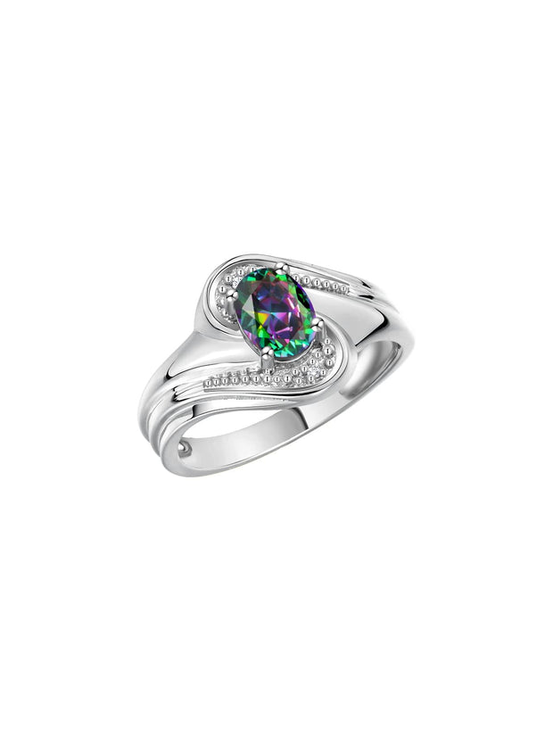 Rylos Designer Swirl Style Ring Sterling Silver 925 : 7X5MM Oval Gemstone & Diamond Accent - Birthstone Jewelry for Women - Available in Sizes 5-10.