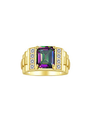 Rylos Men's Rings 14K Yellow Gold Designer Style 10X8MM Emerald Cut Shape Gemstone & Diamonds - Color Stone Birthstone Rings for Men, Sizes 8-13.