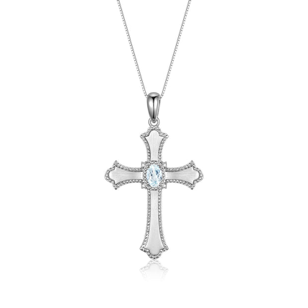 Rylos 14K White Gold Cross Necklace with Gemstones, Diamonds & 18 Chain - 6X4MM Birthstone Pendant for Women - Elegant Diamond Jewelry