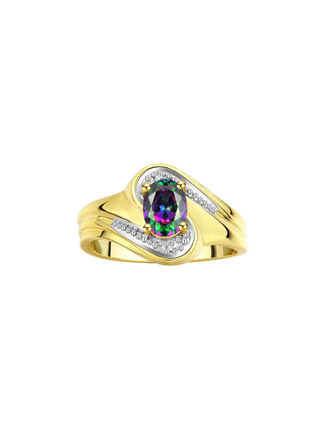 Rylos Designer Swirl Style Ring Yellow Gold Plated Silver 925 : 7X5MM Oval Gemstone & Diamond Accent - Birthstone Jewelry for Women - Available in Sizes 5-10.