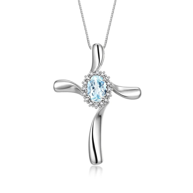 Rylos Sterling Silver Cross Necklace: Gemstone & Diamond Pendant, 18" Chain, 7X5MM Birthstone, Elegant Women's Jewelry