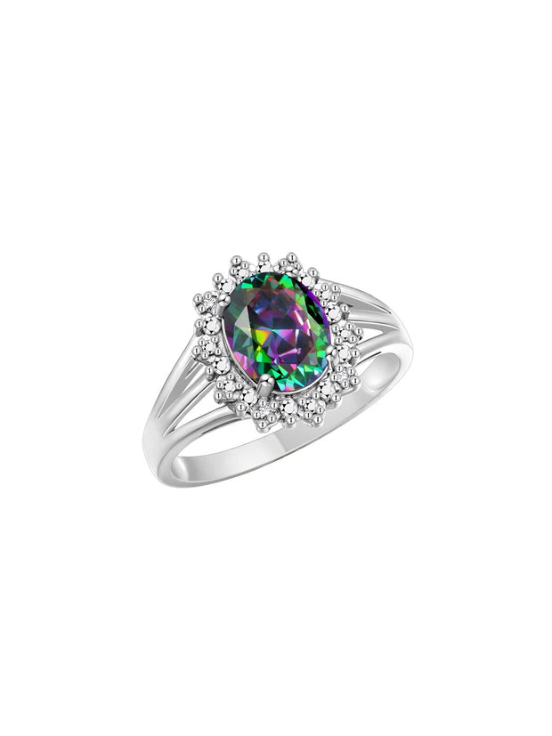 Rylos Sterling Silver Ring with Princess Diana Inspired 9X7MM Gemstone and a Halo of Diamonds - Birthstone Jewelry for Women in Sizes 5-10