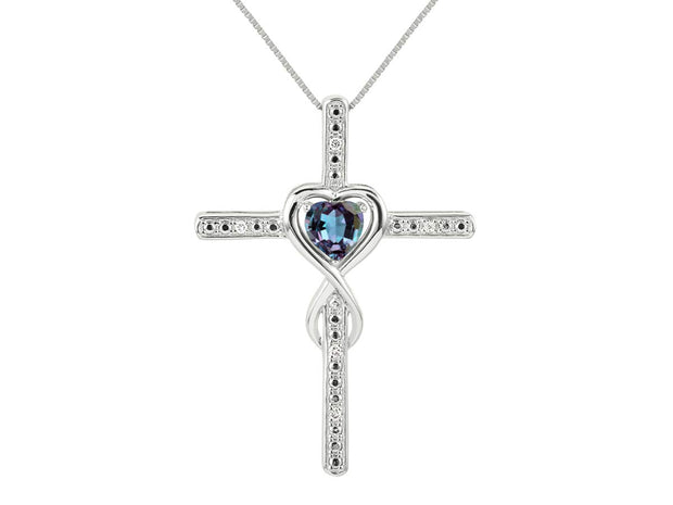 Rylos Women's 14K White Gold Heart Gemstone & Diamond Cross Necklace. 6MM Birthstone. With 18" Chain. Elegant Jewelry for Women.