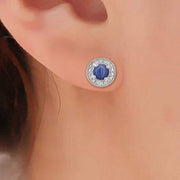 RYLOS 14K White Gold Halo Stud Earrings - 4MM Round Gemstone & Diamonds - Exquisite Birthstone Jewelry