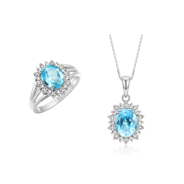 RYLOS Women's Sterling Silver Princess Diana Ring & Pendant Set. Gemstone & Diamonds, 9X7MM Birthstone. Matching Friendship Jewelry, Sizes 5-10.