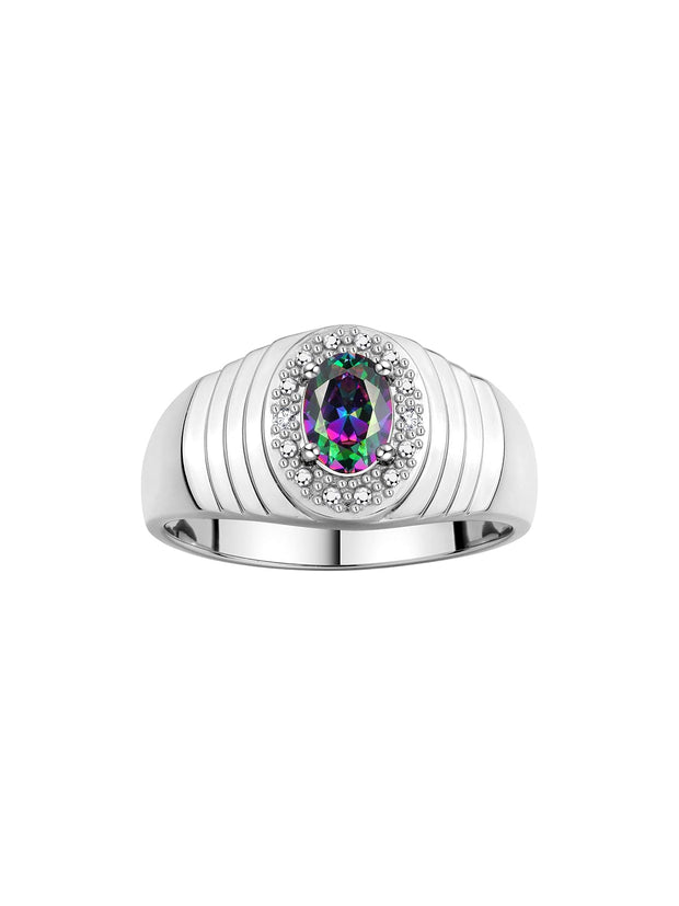 Rylos Men's Rings 14K White Gold Classic 7X5MM Oval Gemstone & Diamond Designer Ring - Color Stone Birthstone Rings for Men, Sizes 8-13. Unique Men's Jewelry!