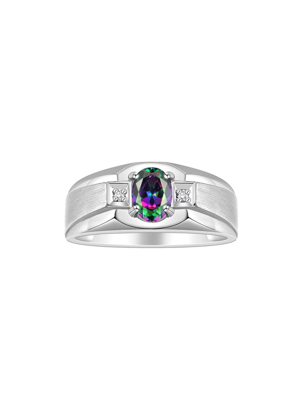 Rylos Men's Rings 14K White Gold Classic 7X5MM Oval Gemstone & Sparkling Diamond Designer Ring - Color Stone Birthstone Rings for Men, Available in Gold, Sizes 8-13.