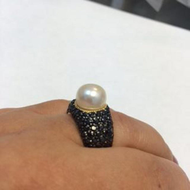 Sterling Silver Gold Plate White Button Freshwater Pearl Ring with Black CZ Pave Shank