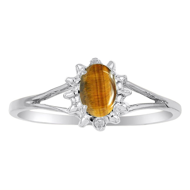 Rylos Rings For Women 14K White Gold - Tiger Eye Ring 6X4MM Color Stone Gemstone Jewelry For Women Gold Ring