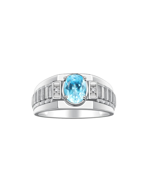 Rylos Men's Rings Classic Designer Style 8X6MM Oval Gemstone & Sparkling Diamond Ring - Color Stone Birthstone Rings for Men, in Sterling Silver, Sizes 8-13. Timeless Sophistication in Men's Jewelry!