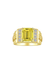 Rylos Men's Rings Yellow Gold Plated Silver Designer Style 10X8MM Emerald Cut Shape Gemstone & Diamonds - Color Stone Birthstone Rings for Men, Sizes 8-13.