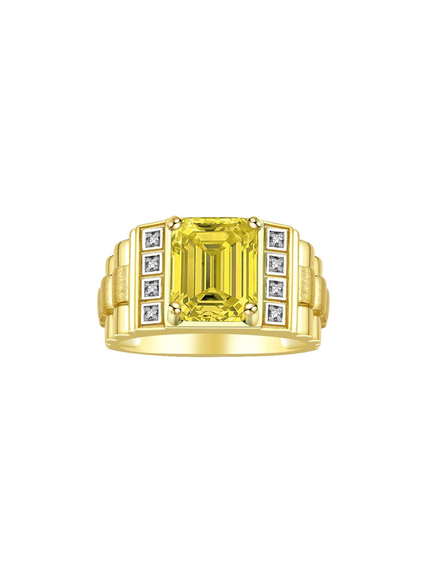 Rylos Men's Rings Yellow Gold Plated Silver Designer Style 10X8MM Emerald Cut Shape Gemstone & Diamonds - Color Stone Birthstone Rings for Men, Sizes 8-13.