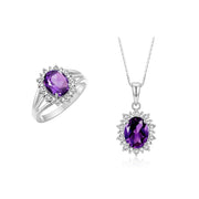 RYLOS Women's Sterling Silver Princess Diana Ring & Pendant Set. Gemstone & Diamonds, 9X7MM Birthstone. Matching Friendship Jewelry, Sizes 5-10.