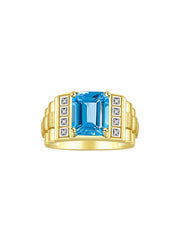 Rylos Men's Rings Yellow Gold Plated Silver Designer Style 10X8MM Emerald Cut Shape Gemstone & Diamonds - Color Stone Birthstone Rings for Men, Sizes 8-13.