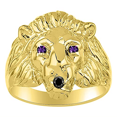 RYLOS Lion Head Ring Yellow Gold Plated Silver Gemstone Eyes & Black Diamond Mouth #1 in Mens Jewelry Sizes 6-13