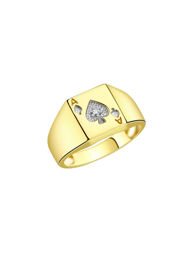 Rylos Gambling Rings Designer Ring: Lucky Ace of Spades Poker Ring with Diamond - Yellow Gold Plated Sterling Silver Ring, Sizes 6-13. Perfect Pinky Ring Choice!