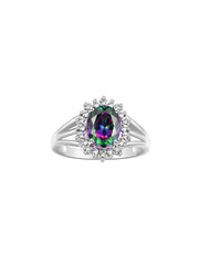 Rylos Sterling Silver Ring with Princess Diana Inspired 9X7MM Gemstone and a Halo of Diamonds - Birthstone Jewelry for Women in Sizes 5-10