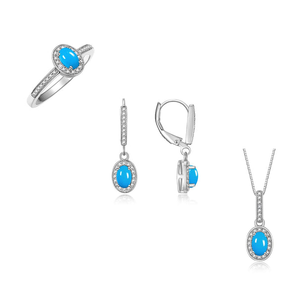 Rylos Matching Jewelry Sterling Silver Halo Designer Set: Ring, Earring & Pendant Necklace. Gemstone & Diamonds, 6X4MM Birthstone. Sizes 5-10.