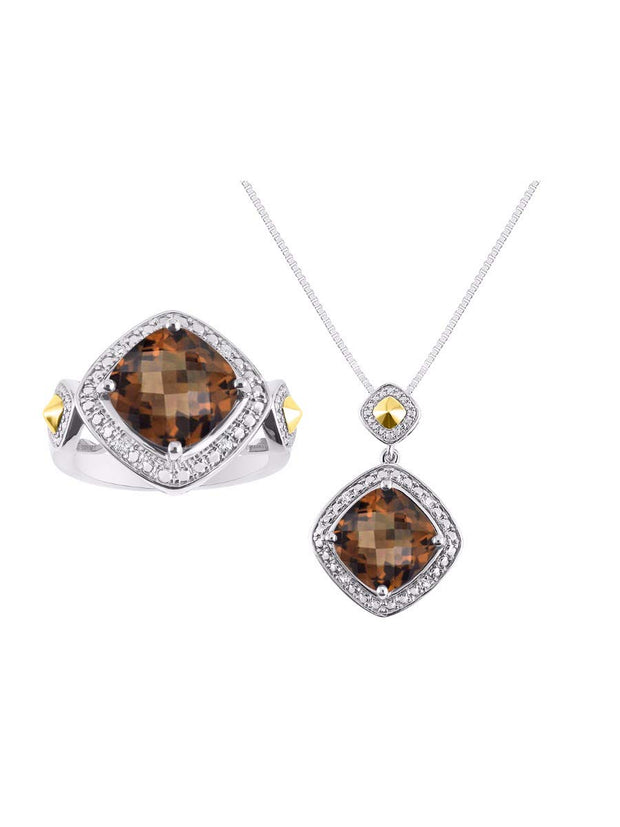 Rylos Matching Jewelry Sterling Silver or Yellow Gold Plated Silver Ring & Necklace. Smoky Quartz & Diamonds, Sizes 5-10.