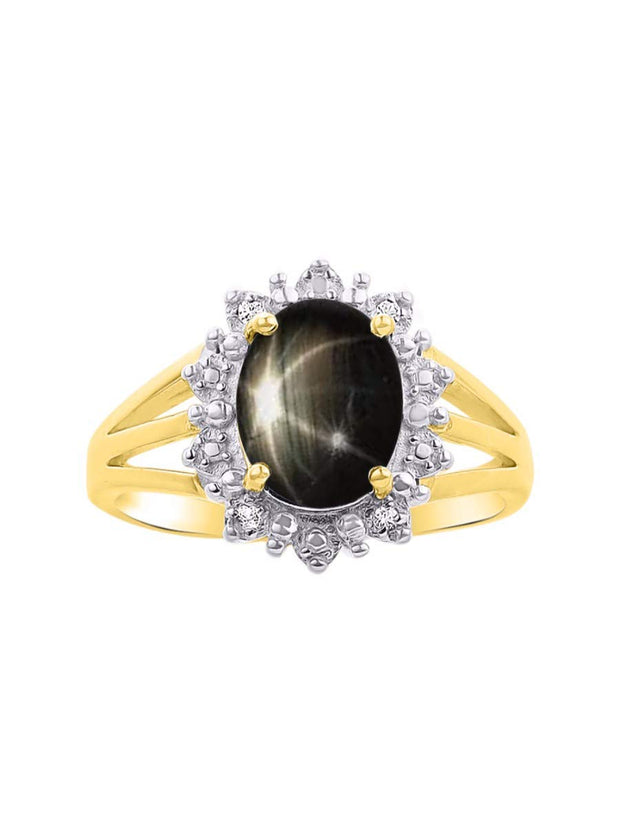 RYLOS Yellow Gold Plated Silver Ring with Princess Diana Inspired 9X7MM Gemstone and a Halo of Diamonds - Birthstone Jewelry for Women in Sizes 5-10