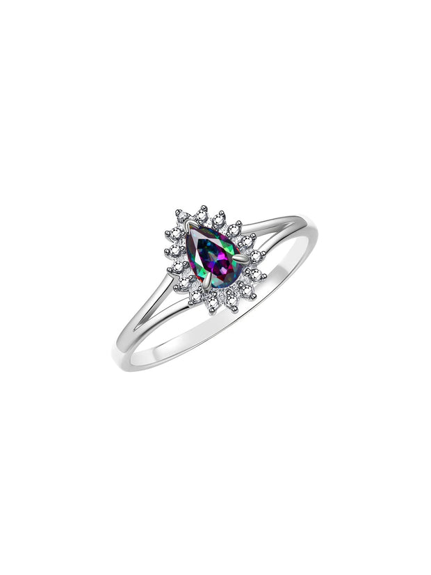 Rylos Halo Ring: Diamonds, 6X4MM Pear-Shaped Gemstone - Women's Color Stone Birthstone Jewelry - Elegant Sterling Silver Ring Sizes 5-10