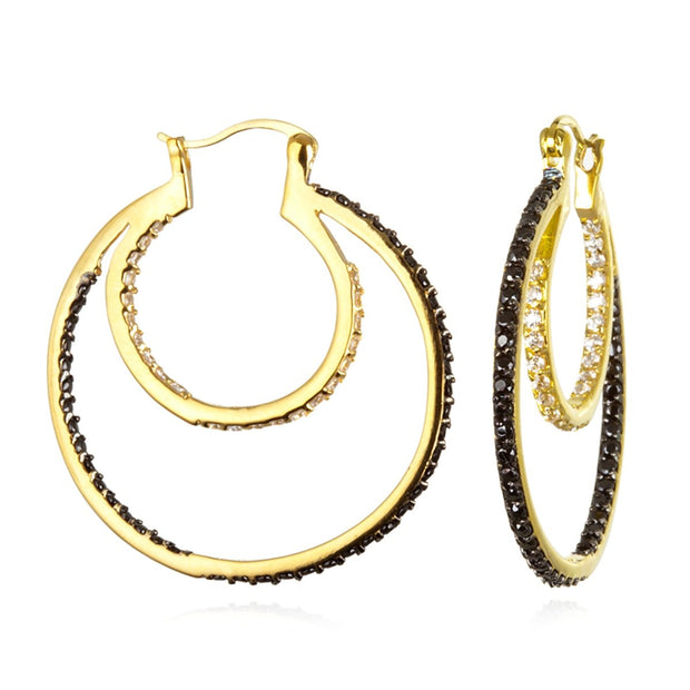 Sterling Silver Gold and Black Rhodium Plate Black and White CZ Double Tier Circle Hoop Earring