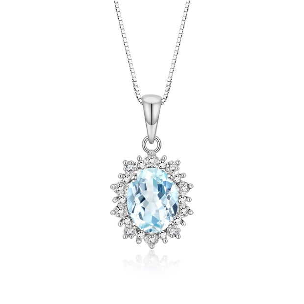 Rylos Princess Diana Inspired Necklace: Gemstone & Diamond Sterling Silver Pendant, 18 Chain, 9X7MM Birthstone, Women's Jewelry