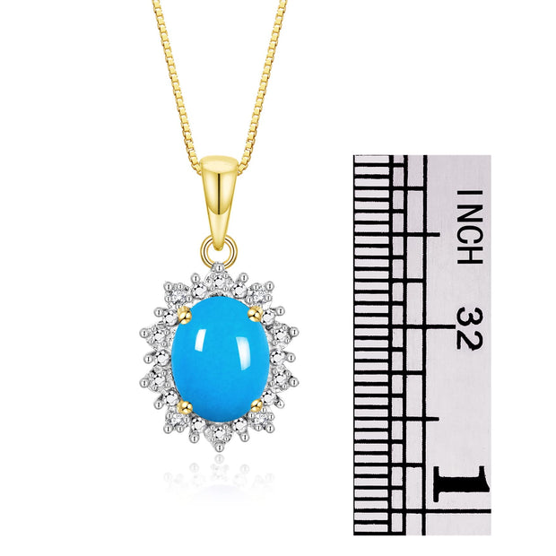 Rylos Women's Yellow Gold Plated Silver Princess Diana Ring & Pendant Set. Gemstone & Diamonds, 9X7MMTurquoise December Birthstone. 2 PC Perfectly Matched Jewelry. Ring Size 10