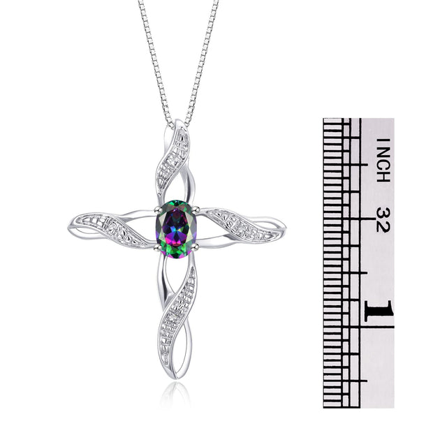 Rylos Necklace Sterling Silver 925 Cross Necklace with Gemstone & Diamonds Pendant with 18" Chain 7X5MM Birthstone Womens Jewelry Silver Necklace For Women Diamond Necklace