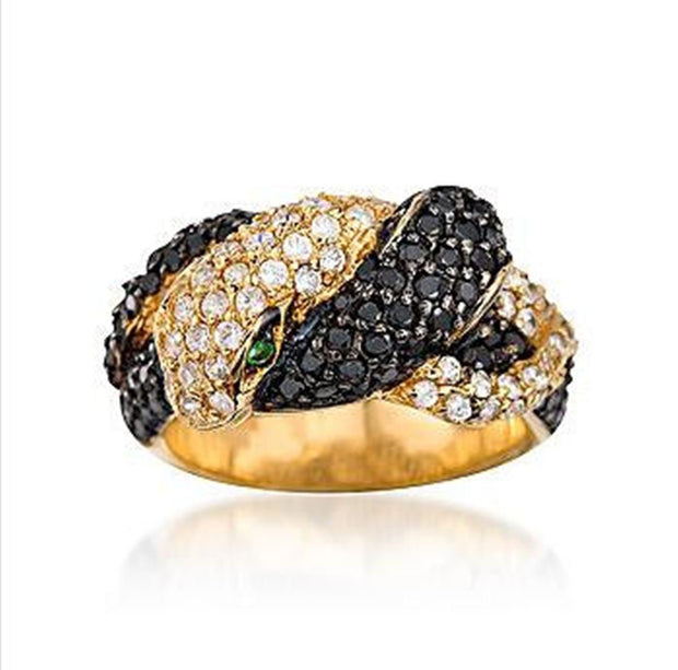 Sterling Silver Gold Plate Twin Snake Ring with White and Black CZ in Green Eyes