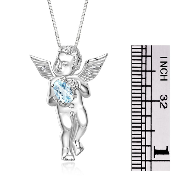 Rylos Guardian Angel Necklace with 6X4MM Gemstone & Diamonds on 18" Chain -Sterling Silver Birthstone Pendant