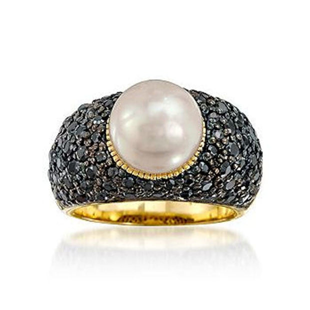 Sterling Silver Gold Plate White Button Freshwater Pearl Ring with Black CZ Pave Shank