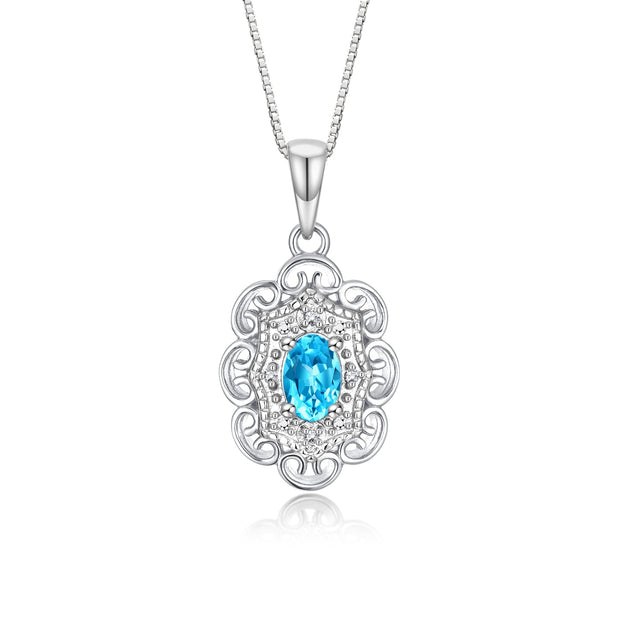 Rylos 14K White Gold Flower Necklace with Gemstones, Diamonds & 18" Chain - 6X4MM Birthstone Pendant for Women - Elegant Diamond Jewelry