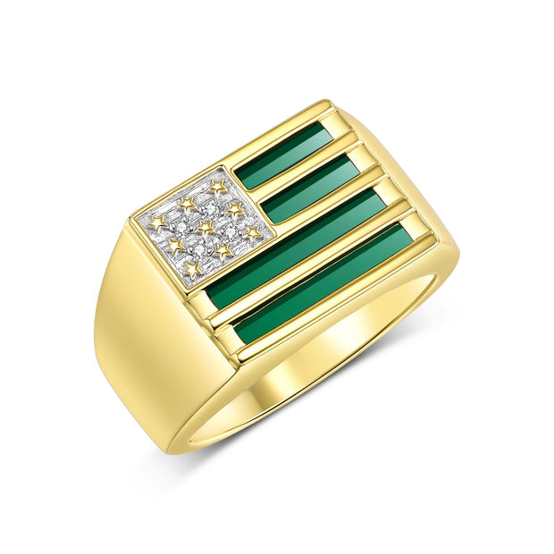 Rylos Yellow Gold Plated Silver 925 USA Flag Designer Men's Ring, featuring Diamonds, Onyx, Quartz in Red, Blue, or Green, & Tiger Eye. In sizes 8 to 13, patriotic sophistication to your collection