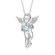 Rylos 14K White Gold Guardian Angel Necklace with 6X4MM Gemstone & Diamonds on 18" Chain - Birthstone