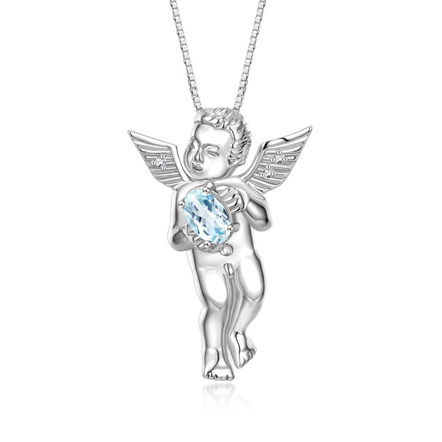 Rylos Guardian Angel Necklace with 6X4MM Gemstone & Diamonds on 18" Chain -Sterling Silver Birthstone Pendant