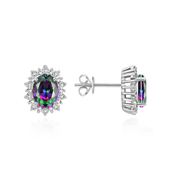 RYLOS 14K White Gold Princess Diana Inspired Earrings - Oval Shape Gemstone & Diamonds - 8X6MM Birthstone Earrings - Timeless Color Stone Jewelry