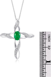 Rylos Necklace Sterling Silver 925 Cross Necklace with Gemstone & Diamonds Pendant with 18" Chain 7X5MM Birthstone Womens Jewelry Silver Necklace For Women Diamond Necklace