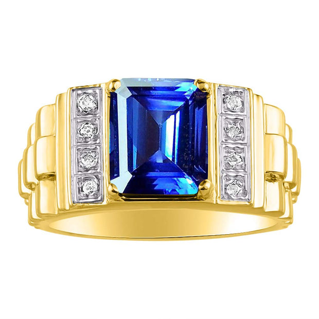 Rylos Men's Rings Yellow Gold Plated Silver Designer Style 10X8MM Emerald Cut Shape Gemstone & Diamonds - Color Stone Birthstone Rings for Men, Sizes 8-13.