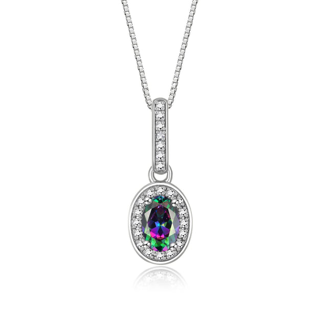 Rylos 14K White Gold Halo Designer Necklace: Gemstone & Diamond Pendant, 18" Chain, 6X4MM Birthstone, Elegant Women's Jewelry