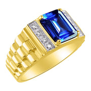 Rylos Men's Rings Yellow Gold Plated Silver Designer Style 10X8MM Emerald Cut Shape Gemstone & Diamonds - Color Stone Birthstone Rings for Men, Sizes 8-13.