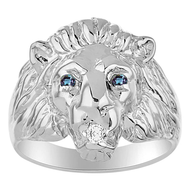 Rylos Lion Head Ring with Gemstone Eyes & Diamond Mouth  Fun Designer Rings in Sizes 6-13 in Sterling Silver