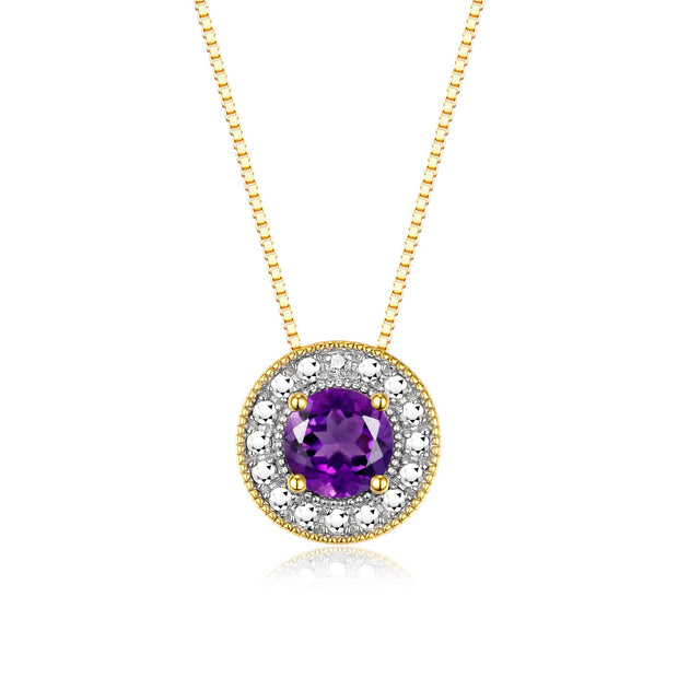 Rylos Halo Designer Matching Set Yellow Gold Plated Silver: Ring, Earring & Pendant Necklace. Gemstone & Diamonds, 4MM Birthstone; Sizes 5-10.