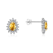 RYLOS 14K White Gold Halo Stud Earrings - 6X4MM Pear Shape Gemstone & Diamonds - Exquisite Birthstone Jewelry