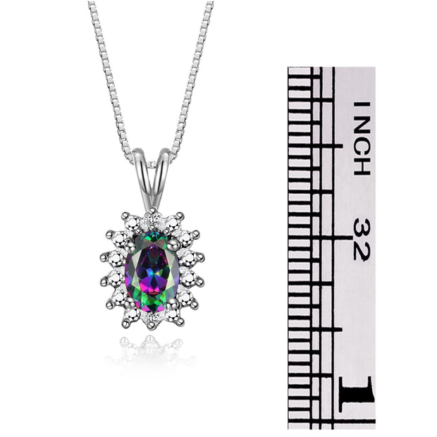 Rylos 14K White Gold Halo Pendant Necklace: Gemstone & Diamond Accent, 18 Chain - 6X4MM Birthstone Women's Jewelry - Timeless Elegance