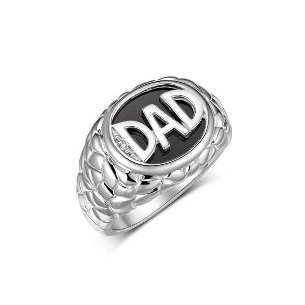 Rylos Sterling Silver DAD Ring with Diamonds and Black Onyx. Available in sizes 8 to 13, Designer men's jewelry collection.