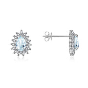 RYLOS 14K White Gold Halo Stud Earrings - 6X4MM Pear Shape Gemstone & Diamonds - Exquisite Birthstone Jewelry